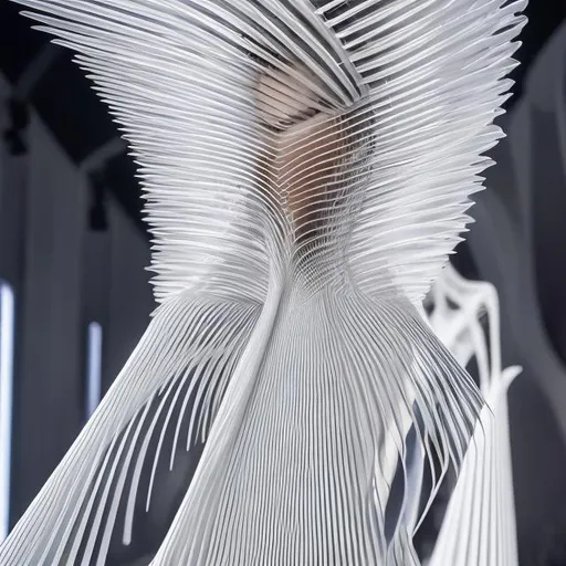Prompt: Works by santiago calatrava, exhibited in catwalk dresses, at the 2024 catwalk in Paris, taking into account the futuristic and enigmatic touch of the graphics, hyper-realistic, with volumes and in close up.