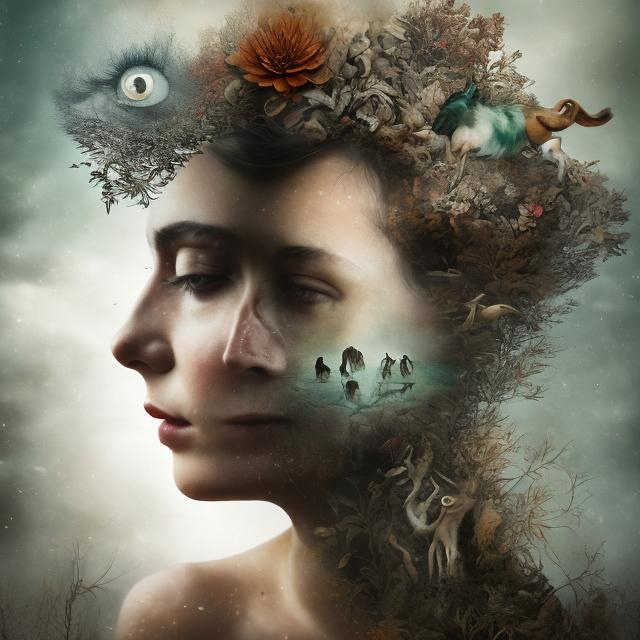 Prompt: Create an attractive double exposure photograph, add surrealism, where animals and organic aspects are exposed in between and human faces of women and from their eyes emerge clouds and artifacts such as screens.