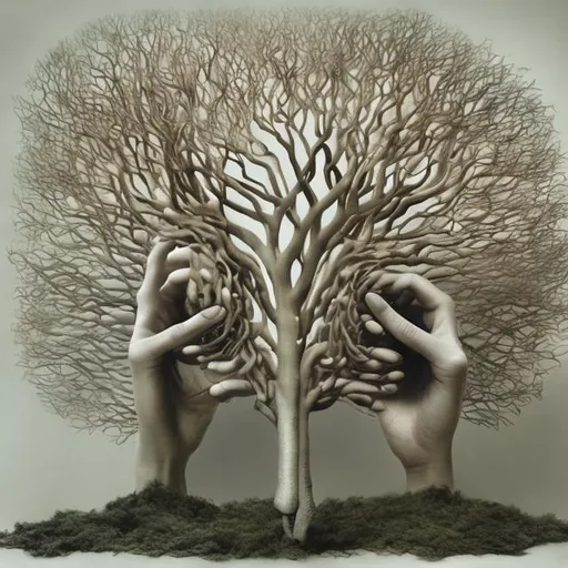 Prompt: Surrealistic proposal, with real photography, rendering of hands that turn into branches, of trees, of faces that change into shapes, of animals and animals that turn into objects, all an inventive fable of the human subconscious.