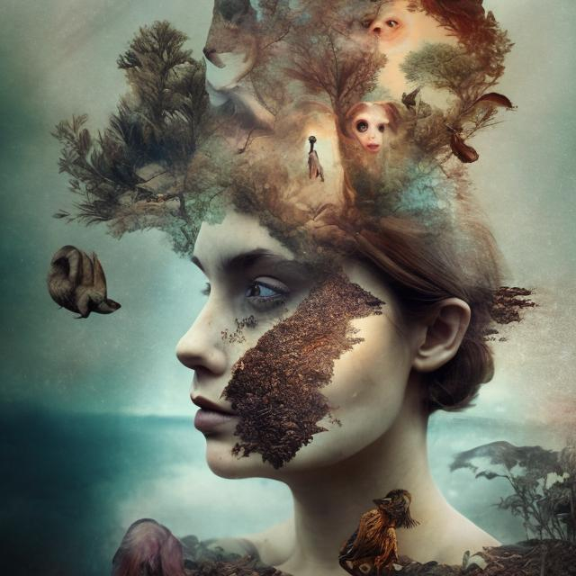 Prompt: Create an attractive double exposure photograph, add surrealism, where animals and organic aspects are exposed in between and human faces of women and from their eyes emerge clouds and artifacts such as screens.