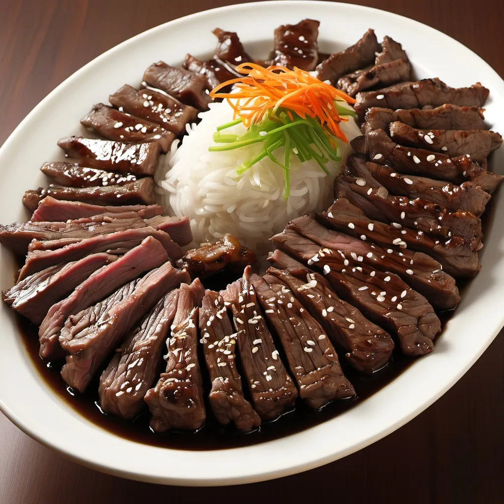 Prompt: Bulgogi
Bulgogi is a popular Korean dish made from marinated and grilled beef. Its preparation and presentation involve:

Marinade: The beef, usually sirloin or ribeye, is sliced thinly and marinated in a mixture of soy sauce, sugar, sesame oil, garlic, and black pepper. Some recipes also include ingredients like pear or apple to tenderize the meat and add sweetness.
Cooking: The marinated beef is then grilled or stir-fried until cooked. It’s often cooked with sliced onions and mushrooms, which absorb the marinade flavors.
Serving: Bulgogi is typically served with steamed rice and can be accompanied by a variety of side dishes (banchan). It’s also commonly used as a filling for lettuce wraps.
Bulgogi is loved for its savory-sweet flavor and tender texture, making it a popular choice in Korean cuisine.