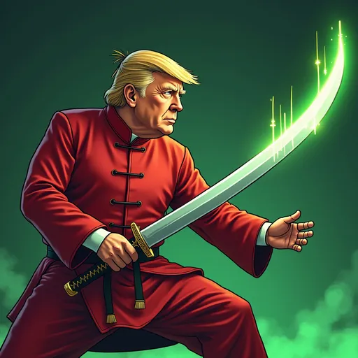 Prompt: Comic Donald trump wears Kung Fu costume holding sword looking at crypto green candle stock market chart