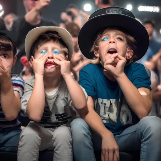 Prompt: Make a realistic photo of two brothers watching a rapper with a hat perform.