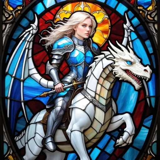 Prompt: Female paladin riding a flying white dragon with blue eyes