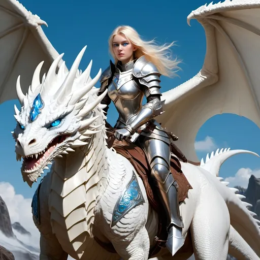 Prompt: Female paladin riding a white dragon with blue eyes