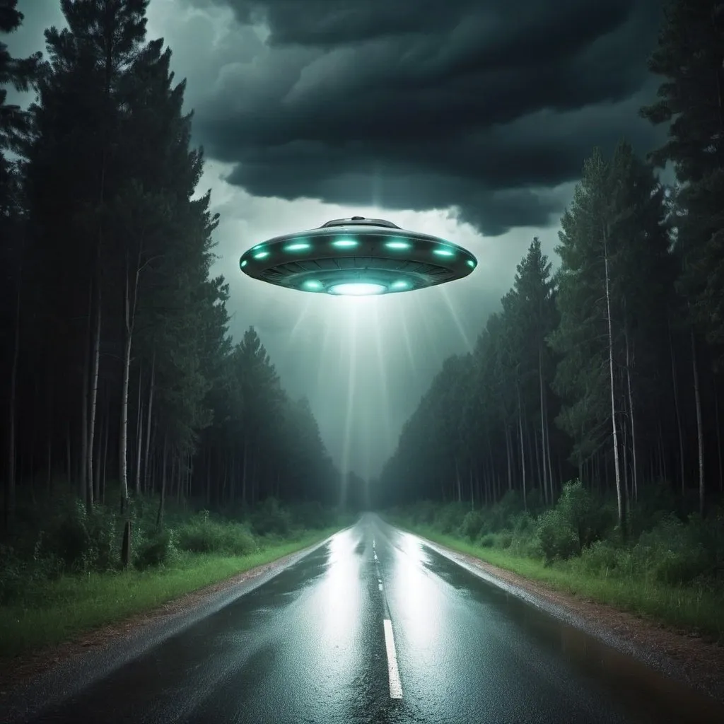 Prompt: Ufo abduction stormy night,, forest road