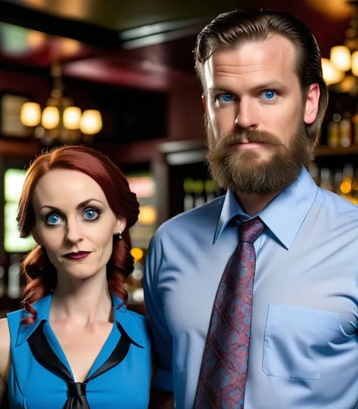 Prompt: a man with a beard standing next to a woman in a blue dress shirt and tie at a bar, Christopher Moeller, international gothic, christian macnevin, a picture