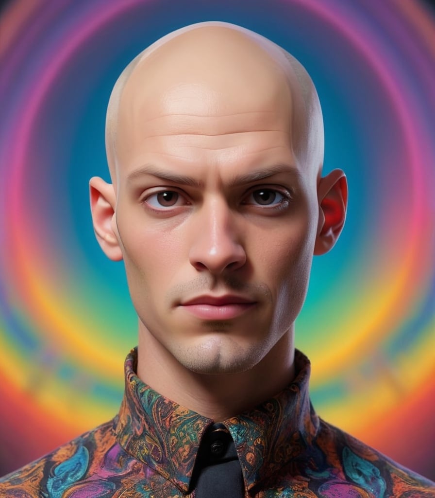 Prompt: <model >DYNAVISIONXL Guy with a bald head, enjoying psychedelics