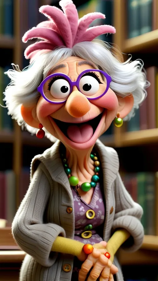 Prompt: 3D animation, kawaii, fraggle rock muppet granny, laughing, hand on hip standing in a library 
