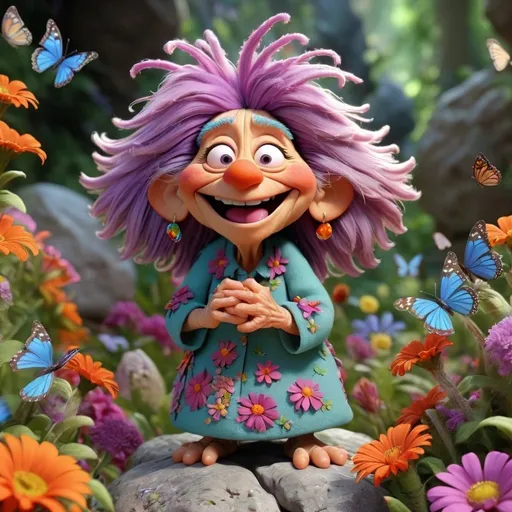 Prompt:  3D Animation, fragile rock, grandma fraggle, age 50, full body, extreme long view, surrounded by flowers and butterflies, vibrant 