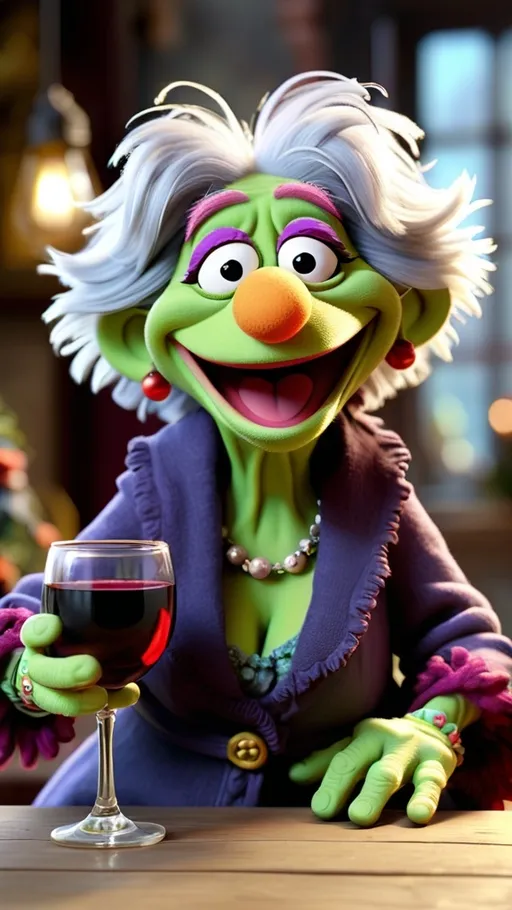 Prompt: 3D animation, laughing muppet fraggle rock granny, with light green skin, Fraggle Rock hands and fraggle rock feet, drinking a glass of red wine 