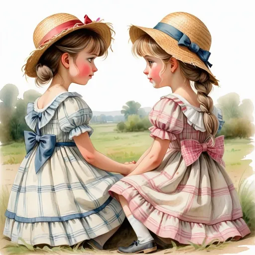 Prompt: water color, 1800s school girls very fancy patterned dresses straw hat hair bow from behind (((whispering to each other))) leaning over sharing a secret in her ear, holding hands, very sweet, full body, sweet and heartfelt 