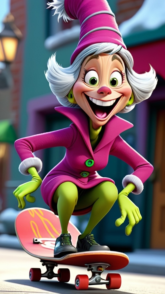 Prompt: 3D animation, (((laughing whoville granny))), skateboarding in whoville 