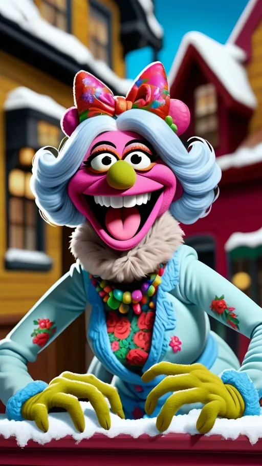 Prompt: Muppet theme, vibrant, ultra-detailed, Extreme long view, full body, Muppet Show style, Muppet laughing granny monster, BG winter 