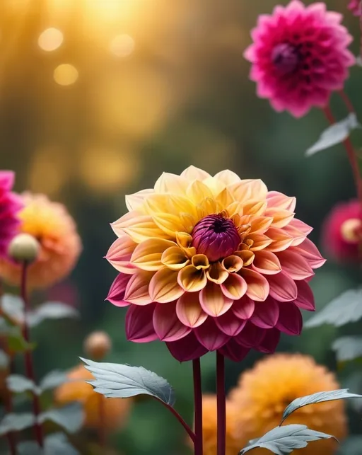 Prompt: Textured 8K 300DPI ultra-realism golden bokeh with a vibrant dahlia in the background 