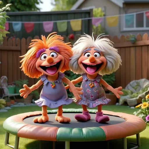Prompt: 3D animation, kawaii, 2 very old grandma multinational Fraggle Rock character Muppet best friends, on a trampoline in a backyard garden, totally cute and adorable, very fun and cheerful
