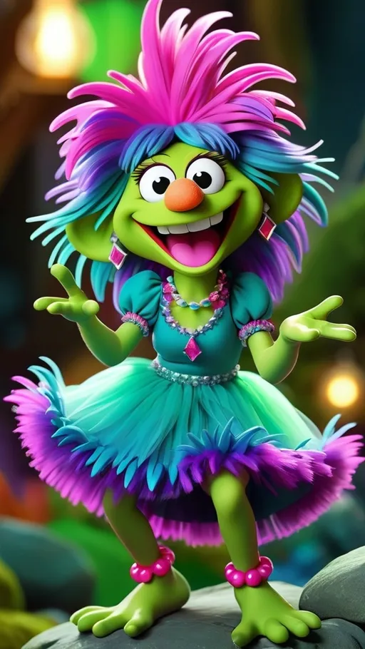 Prompt: (3D animation) vibrant colors, cheerful ambiance, (smiling Fraggle Rock muppet), green skin, neon pink spiky trollz hair, fraggle rock hands and fraggle rock feet, (beautiful tiara), iridescent blue, green, and purple asymmetrical dress, dynamic pose with one hand on hip and other raised, playful expression, vivid lighting, ultra-detailed, whimsical background elements to enhance the fantasy atmosphere.