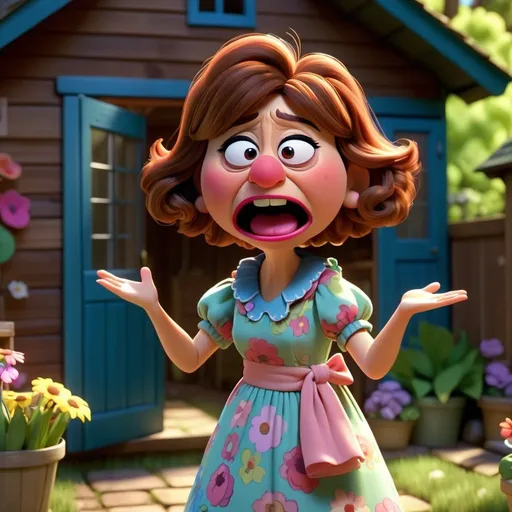 Prompt: 3D animation, kawaii, grandma Grover muppet with brown hair, spring time dress walking into the garden shed with a (((confused look on her face gesturing as if to say I don’t know)))