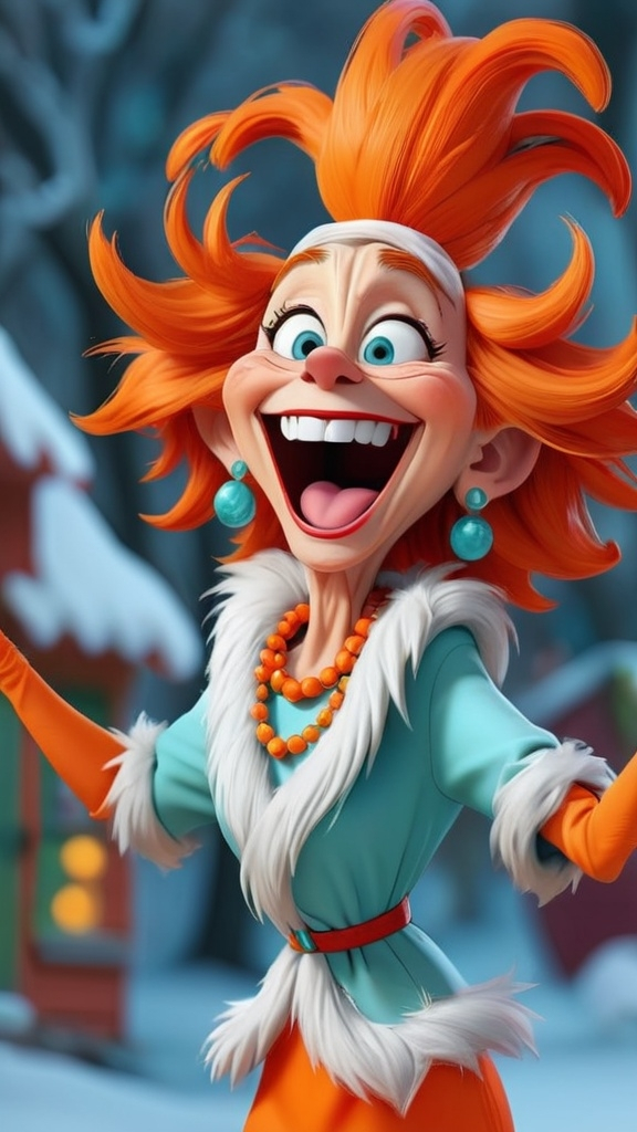 Prompt: Dr Seuss style, laughing granny Seuss gesturing wearing orange a lot of jewelry messy hair 3D animation in BG whoville winter theme, full body, extreme long view 