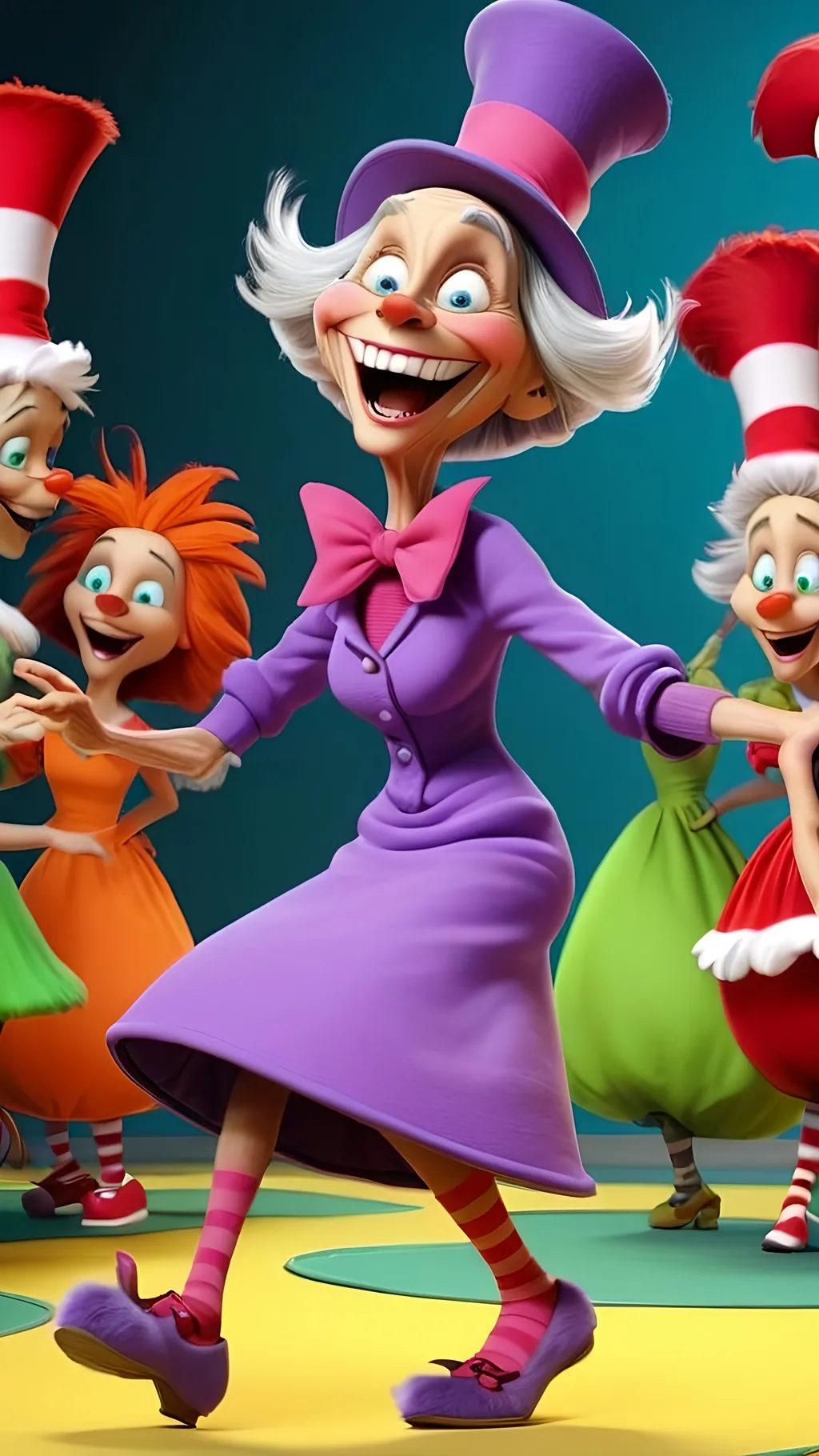 Prompt: 3D animation, dancing laughing seussical granny in whoville extreme long view 