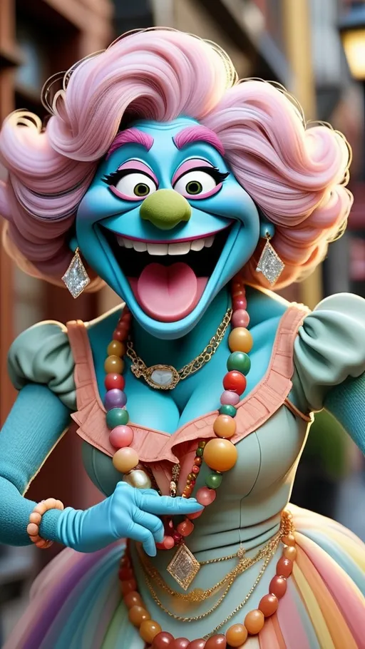 Prompt: Muppet theme, vibrant, ultra-detailed, Extreme long view, full body,  Muppet Show style, 2 Muppet laughing granny monster gesturing, beaming with joy, their faces etched with deep laugh lines and bright, sparkling eyes. They're dressed in casual, comfortable clothing, adorned with statement jewelry such as bold necklaces and earrings that catch the light. Their arms are wrapped tightly around each other, exuding warmth and camaraderie, as they share a heartfelt, uplifting moment. The colors are rich and harmonious, with soft pastels and earthy tones that evoke a sense of coziness and playfulness. The overall style is modern, whimsical, and full of life, with bold lines and delicate textures that create a sense of movement and energy.  