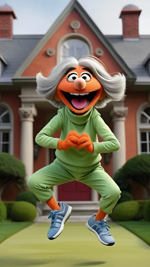 Prompt:  Laughing granny, jumping in air, head to toe view, Extreme long view, Muppet theme, ultra-detailed, Muppet Show style, standing in front of a mansion, crazy, expressive silly funny look and making an irritated gesture, gray hair. The overall style is Springtime modern.  BG modern style mansion, workout fitness clothing,