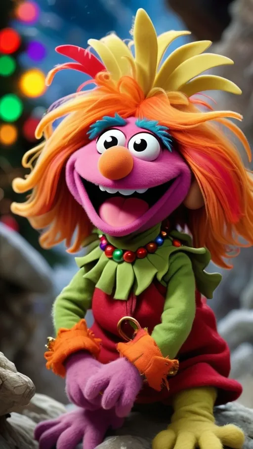 Prompt: Fraggle Rock style, extreme long view  detailed vibrant digital painting, laughing female muppet BG Christmas 