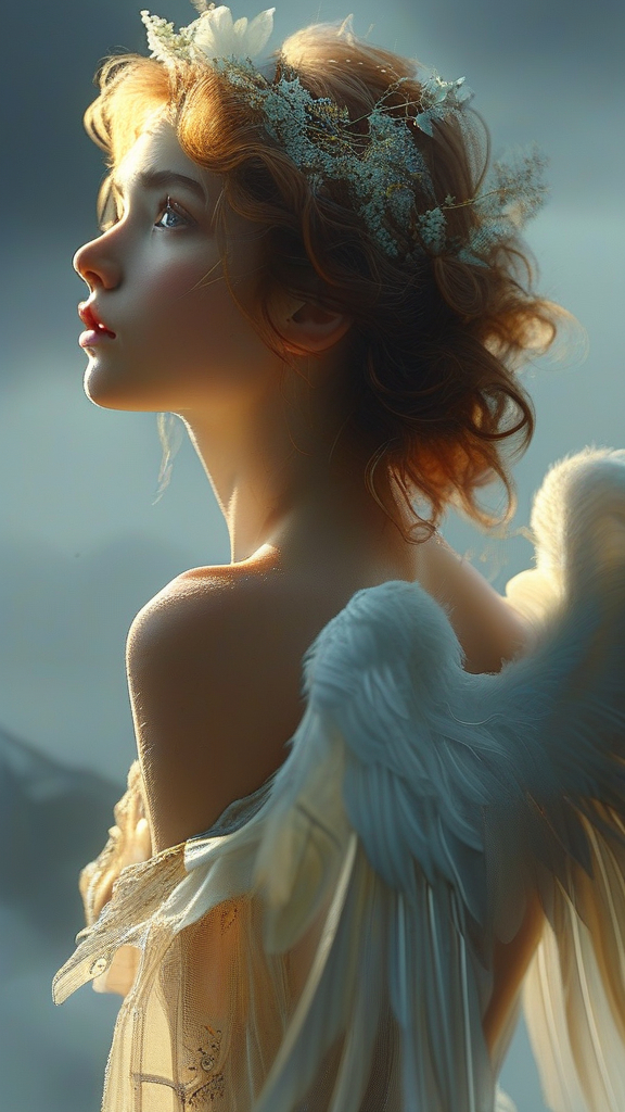 Prompt: Create Beautiful woman, a delicate angel, (((staring upward))) (((back to viewer))),  her full body, (((symmetrical, glistening wings in the center of her back))) masterfully rendered in exquisite detail, showcasing intricate textures, and an ethereal ambiance, with soft, luminous lighting, and a silent, iridescent glow, with a mix of realism and fantasy, blending traditional and digital media, in a highly detailed, high-resolution image, with a shallow depth of field, and a subtle bokeh effect, set against a storm backdrop