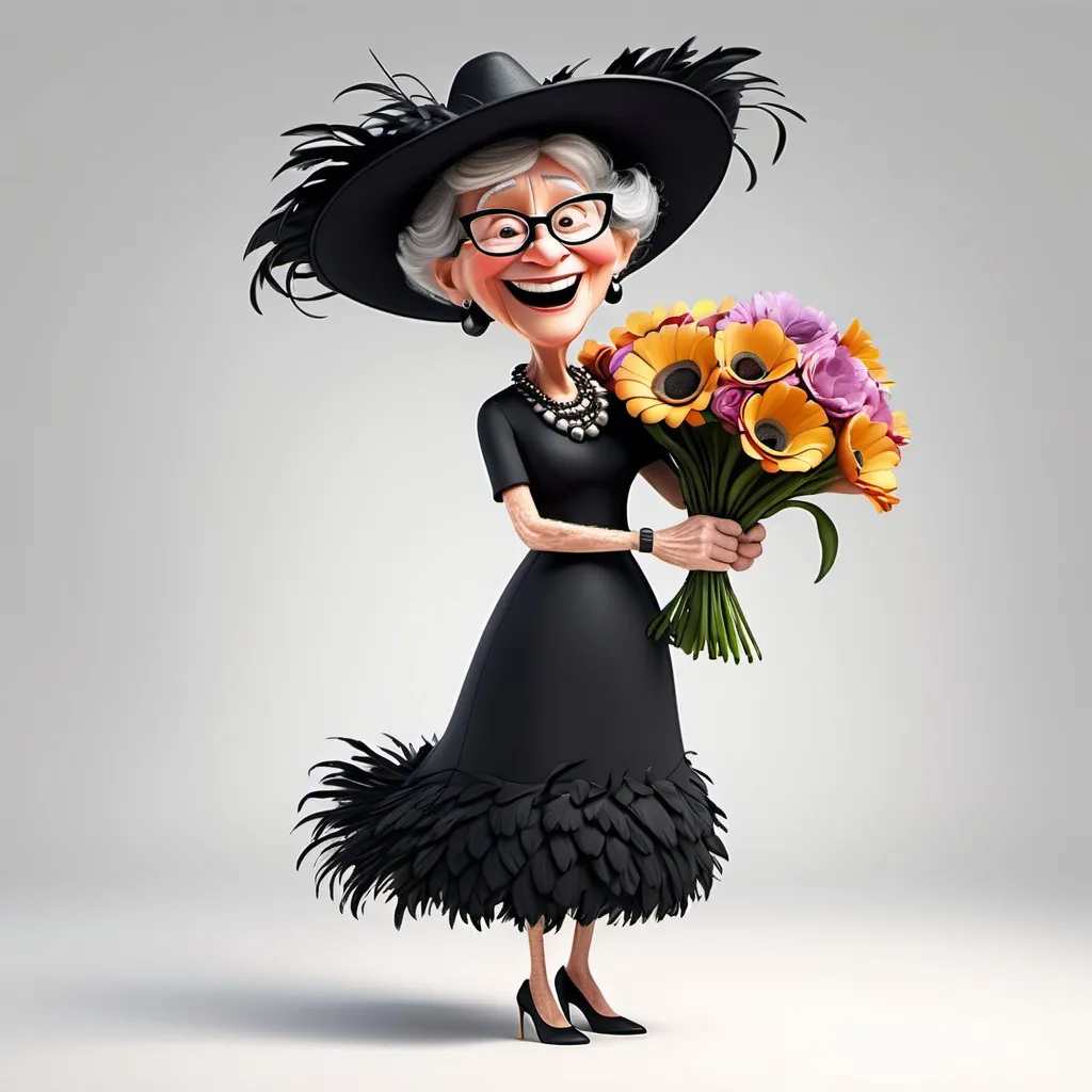 Prompt: Long view, full body, Humorous Pixar Movie image hyper-realistic, 3D Animation, a granny laughing, Wearing black dress, large hats with feathers, necklaces, earrings, dresses. Holding a bouquet of flowers. Background: white 