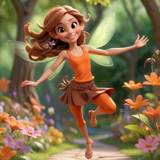 Prompt: 3D animation, A pixie hollow type of fairy, she has a smile, she is waving, she is leaping in the air, her long brown hair is braided, she’s wearing a loose orange tank top and orange capri pants that are flared and a brown skirt, she’s flying over a park full of spring flowers 