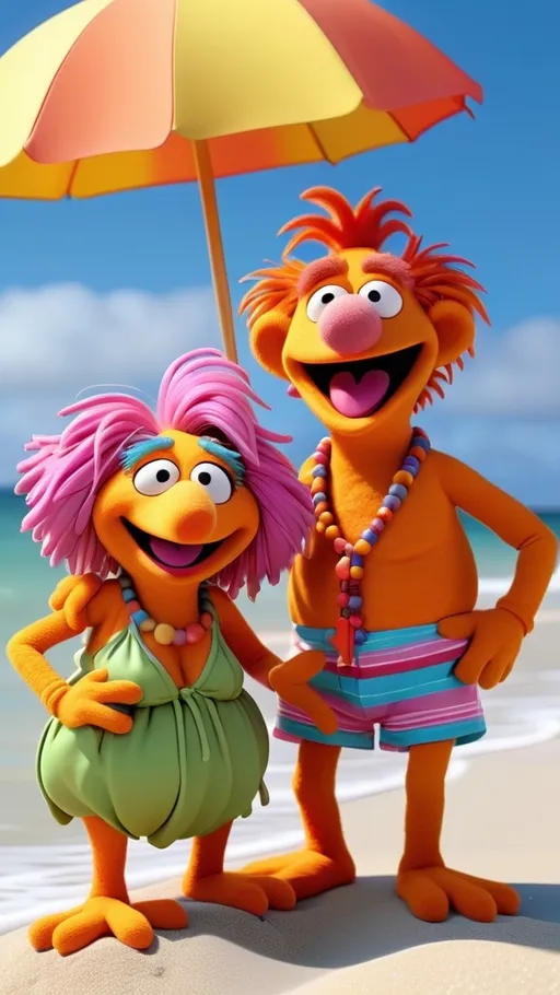 Prompt: 3D animation, kawaii, (((fraggle rock muppet granny and grandpa standing on beach))), laughing, in bathing suits, vibrant colors 