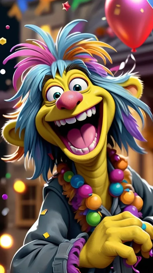 Prompt: Fraggle Rock style Fraggle laughing granny monster Digital painting  BG Fraggle house New Year’s Eve theme new year’s theme BG vibrant Confetti, streamers, fireworks  