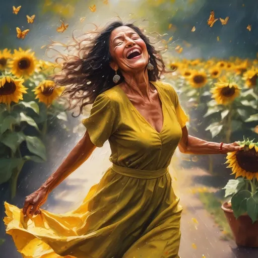 Prompt: Textured 8K 300DPI oil painting ultra-realism vibrant A full body tall Latina woman, age 70, with a lot of wrinkles, brow wrinkles leaping in the air dancing joyfully laughing in the rain, wearing a flowing beautiful chino poblano dress and jewelry made of sunflowers and Red High heels, with long curly hair with baby hair gelled down on one side, with yellow and green and brown butterflies flying in the sky; background vibrant sun shining light sprinkles in sunflower garden Emphasize her joy, dance move and sun shining