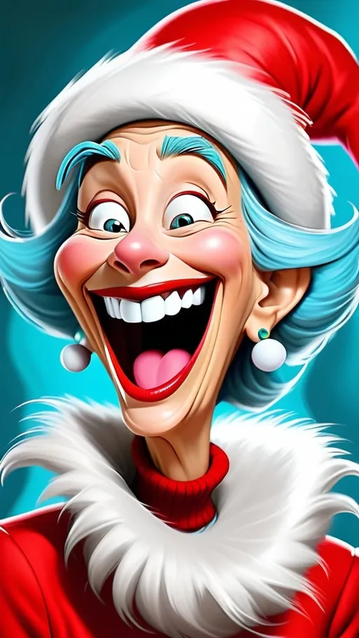 Prompt: Dr Seuss style Dr Seuss granny laughing Digital painting in whoville BG whoville seussical NEw Year’s winter theme 