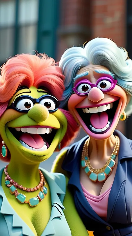 Prompt: Muppet theme, vibrant, ultra-detailed, Extreme long view, full body,  Muppet Show style, 2 Muppet laughing granny monster gesturing, Their arms are wrapped tightly around each other, , beaming with joy, their faces etched with deep laugh lines and bright, sparkling eyes. They're dressed in casual, comfortable clothing, adorned with statement jewelry such as bold necklaces and earrings that catch the light. exuding warmth and camaraderie, as they share a heartfelt, uplifting moment. The colors are rich and harmonious, with soft pastels and earthy tones that evoke a sense of coziness and playfulness. The overall style is modern, whimsical, and full of life, with bold lines and delicate textures that create a sense of movement and energy.  