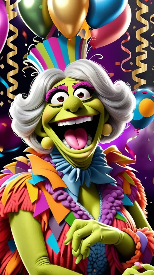 Prompt: New Year’s Eve theme, vibrant, ultra-detailed, Extreme long view, full body, Muppet Show style, Muppet laughing granny monster, BG New Year’s Eve, streamers, balloons, confetti 