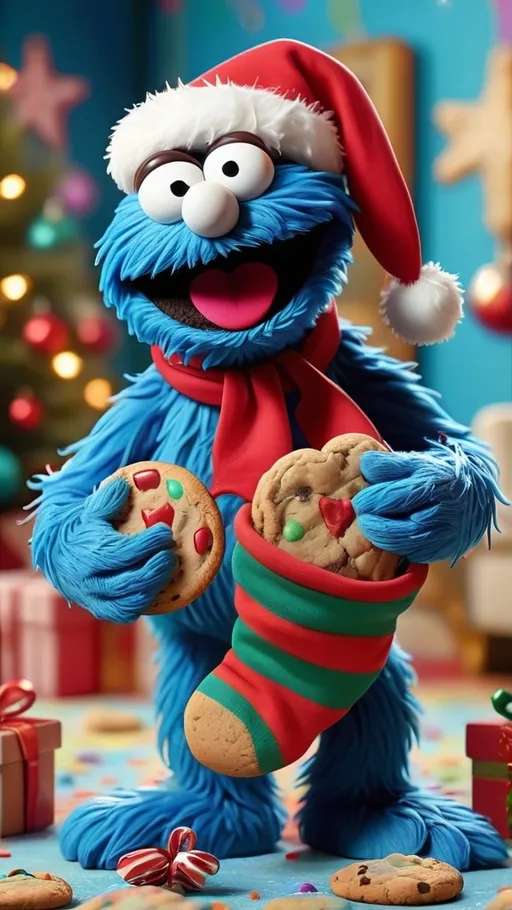 Prompt: surrealism style, vibrant colors, (3D animation), (((Muppet Cookie Monster))), holding a cookie-filled (((Christmas stocking))), cookie crumbs scattered on the floor, whimsical elements, dreamlike atmosphere, playful ambiance, colorful backdrop, enchanting details, visual delight, ultra-detailed, high-quality 4K, imaginative composition, festive theme, joyful representation.