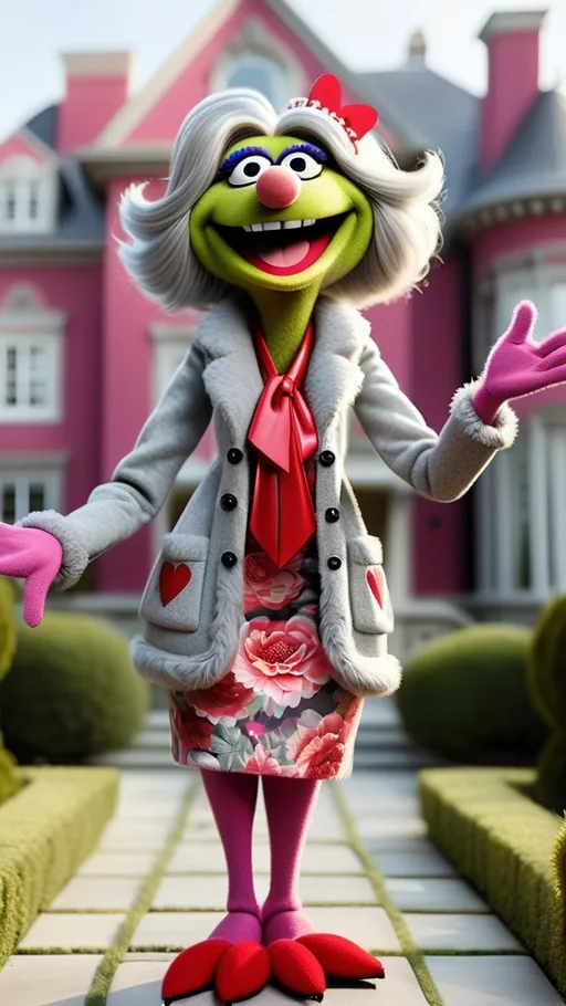 Prompt: head to toe view, Extreme long view,, Muppet theme, vibrant, ultra-detailed, Muppet Show style, standing in front of a mansion, Muppet laughing granny monster gesturing, gray hair, wearing valentines clothes. The overall style is valentines modern, whimsical, and full of life,.  BG modern style mansion 