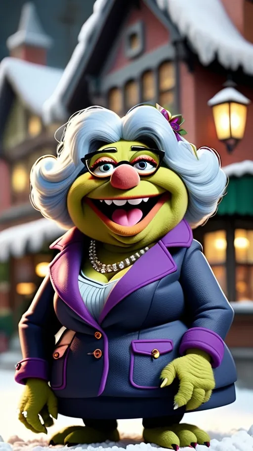 Prompt: vibrant, ultra-detailed, Extreme long view, full body, Muppet Show style, Muppet laughing chubby short granny mobster monster,  BG winter scene 