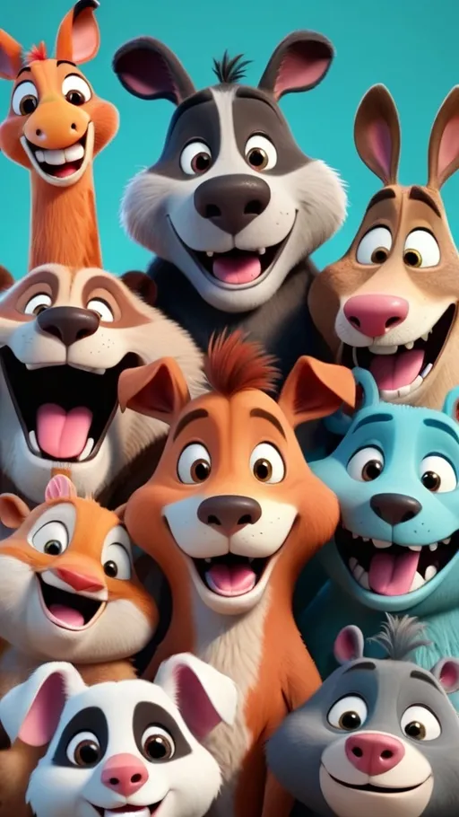 Prompt: 3D animation, a group of comical animals gathered together smiling