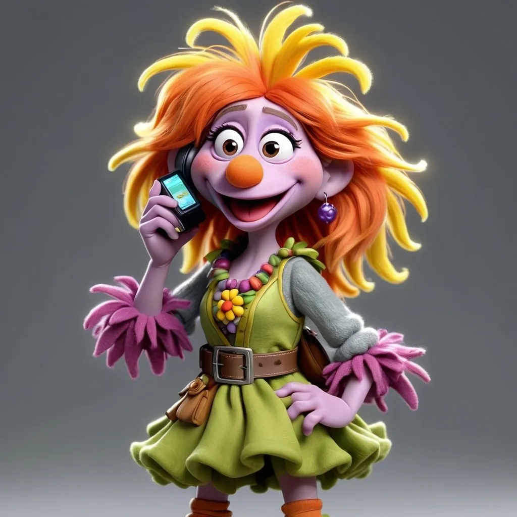 Prompt: 3D Animation, Fraggle Rock female character muppet talking on a cellphone, shapely and curvy, very cute and pretty, full body, extreme long view