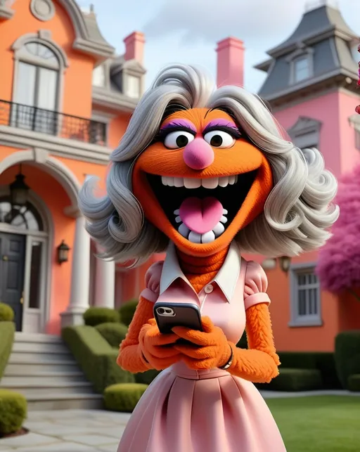 Prompt: head to toe view, Extreme long view, Muppet theme, vibrant, ultra-detailed, Muppet Show style, standing in front of a mansion, looking at her iPhone, laughing Muppet laughing gesturing granny monster, gray hair. The overall style is Springtime modern, whimsical, and full of life,.  abstract shapes pink gradients  And orange BG mansion, 
