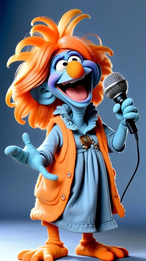 Prompt: Fraggle Rock style, Fraggle laughing granny muppet, wearing blue and orange gesturing holding a microphone, BG Fraggle Rock winter, extreme long view, full body, 