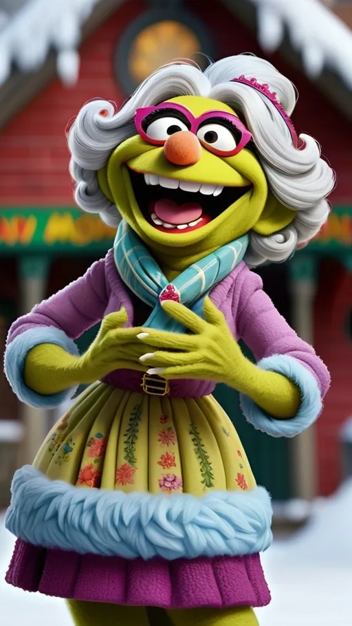 Prompt: Muppet theme, vibrant, ultra-detailed, Extreme long view, full body, Muppet Show style, Muppet laughing granny monster one eye closed, gesturing, BG winter 