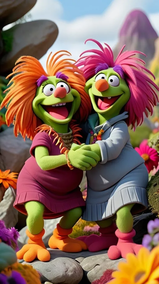 Prompt: 3D animation, (((two grandma fraggle rocks laughing))), arms around each other in a vibrant fraggle rock garden 