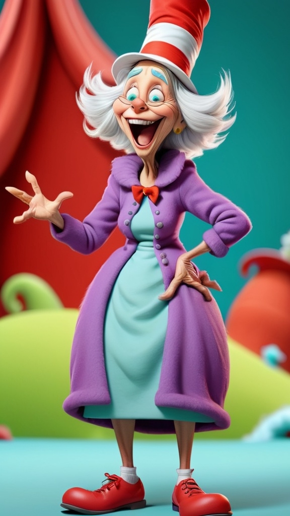 Prompt: Dr Seuss style Sam I Am laughing granny gesturing 3D animation in BG whoville theme, full body, extreme long view 