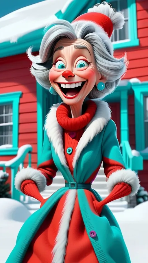 Prompt: Snow covered house with Full head to toe view laughing female granny standing in front of large house Dr Seuss style, giggling granny Seuss wearing red with teal stripes 3D animation in BG whoville winter theme snow covered house, extreme long view, head to toe 