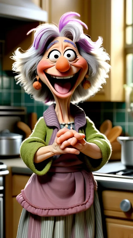 Prompt: 3D animation,, fraggle rock muppet granny, laughing, hand on hip standing in kitchen, background is oven with laundry in it
