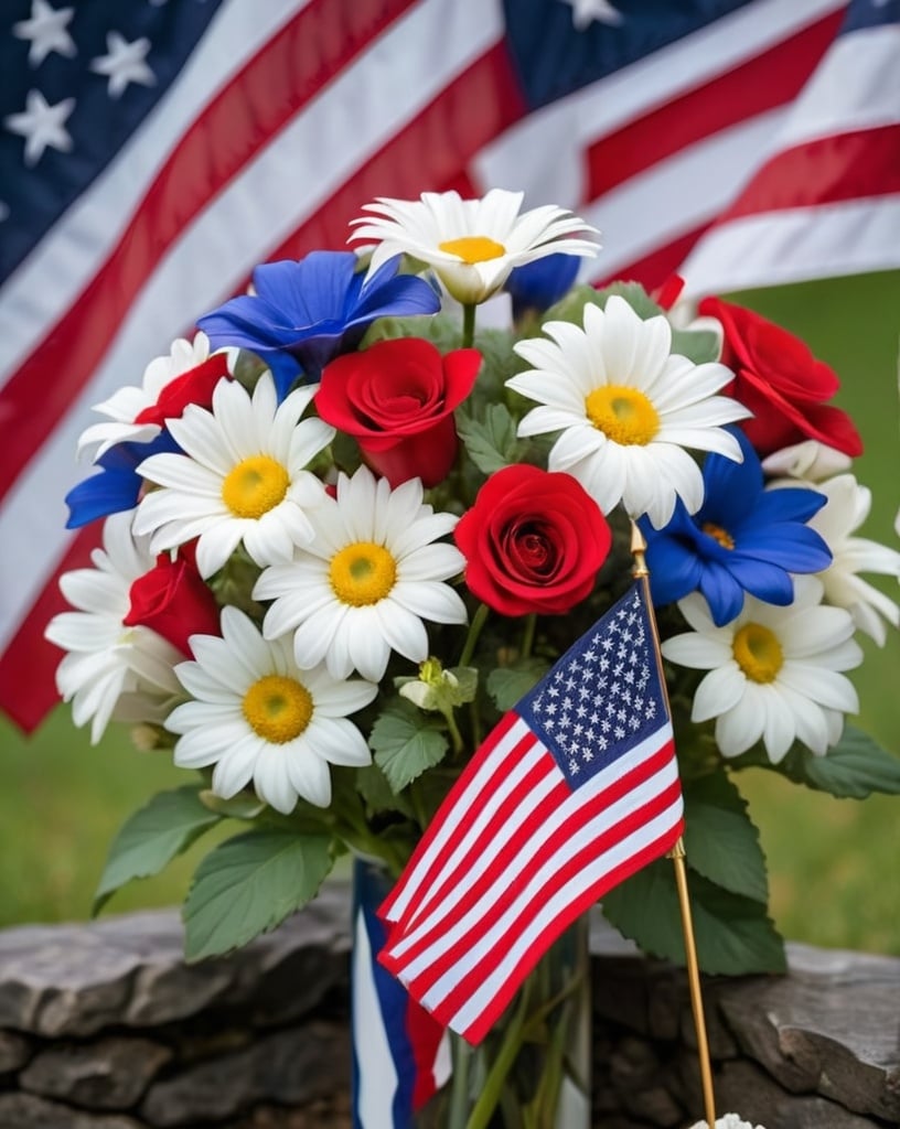 Prompt: Red, white and blue. American flag. Memorial flowers 