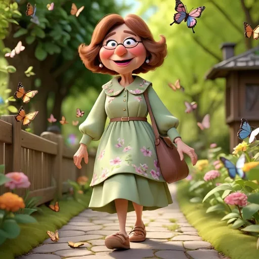 Prompt: 3D animation, kawaii,  grandma muppet with brown hair, spring time dress walking down a path with some butterflies 